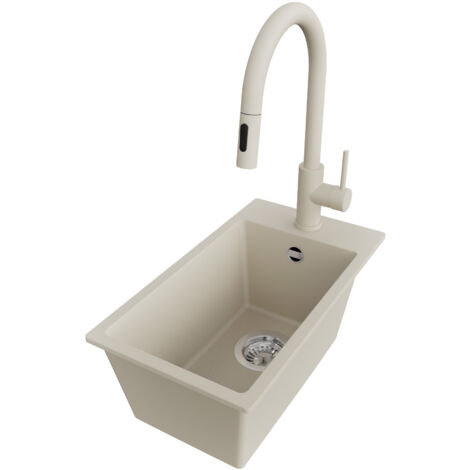 PRIMAGRAN Evier Cuisine en Granit 28x50cm,Lavabo 1 bac + Robinet 40x20cm + Kit de Vidage, Évier à Encastrer au meuble 30cm - Riga, Beige