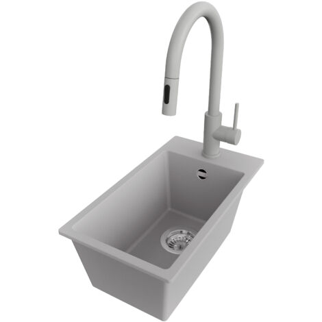 PRIMAGRAN Evier Cuisine en Granit 28x50cm,Lavabo 1 bac + Robinet 40x20cm + Kit de Vidage, Évier à Encastrer au meuble 30cm - Riga, Gris