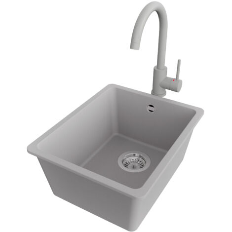 PRIMAGRAN Evier Cuisine en Granit 36x44cm,Lavabo 1 bac + Robinet 32x20cm + Kit de Vidage, Évier à Encastrer au meuble 40cm - Venise Slim Easy, Gris