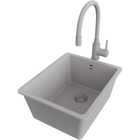 PRIMAGRAN Evier Cuisine en Granit 36x44cm,Lavabo 1 bac + Robinet 38x14cm + Kit de Vidage, Évier à Encastrer au meuble 40cm - Venise Slim Easy, Gris