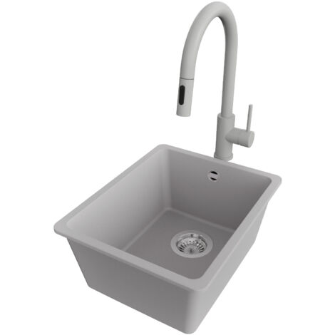 PRIMAGRAN Evier Cuisine en Granit 36x44cm,Lavabo 1 bac + Robinet 40x20cm + Kit de Vidage, Évier à Encastrer au meuble 40cm - Venise Slim Easy, Gris