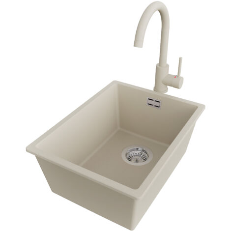 PRIMAGRAN Evier Cuisine en Granit 36x47cm,Lavabo 1 bac + Robinet 32x20cm + Kit de Vidage, Évier à Encastrer au meuble 40cm - London Slim, Beige