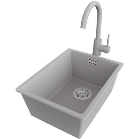PRIMAGRAN Evier Cuisine en Granit 36x47cm,Lavabo 1 bac + Robinet 32x20cm + Kit de Vidage, Évier à Encastrer au meuble 40cm - London Slim, Gris