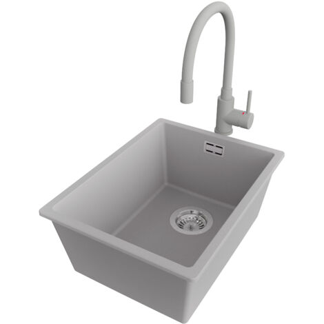 PRIMAGRAN Evier Cuisine en Granit 36x47cm,Lavabo 1 bac + Robinet 38x14cm + Kit de Vidage, Évier à Encastrer au meuble 40cm - London Slim, Gris