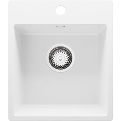 PRIMAGRAN Evier Cuisine en Granit 38x44cm, Lavabo 1 bac + Kit de Vidage, Évier à Encastrer au meuble 40cm - Riga Easy, Blanc