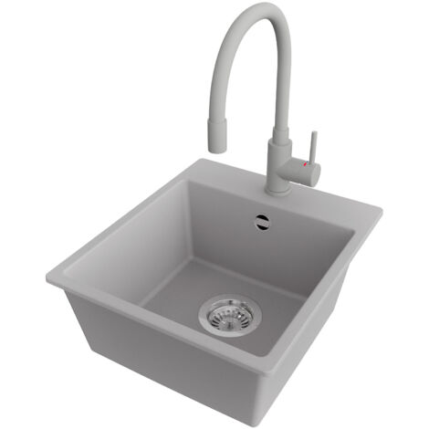 PRIMAGRAN Evier Cuisine en Granit 38x44cm,Lavabo 1 bac + Robinet 38x14cm + Kit de Vidage, Évier à Encastrer au meuble 40cm - Riga Easy, Gris