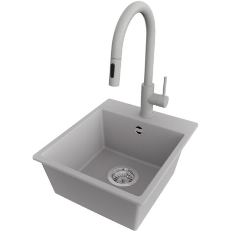 PRIMAGRAN Evier Cuisine en Granit 38x44cm,Lavabo 1 bac + Robinet 40x20cm + Kit de Vidage, Évier à Encastrer au meuble 40cm - Riga Easy, Gris