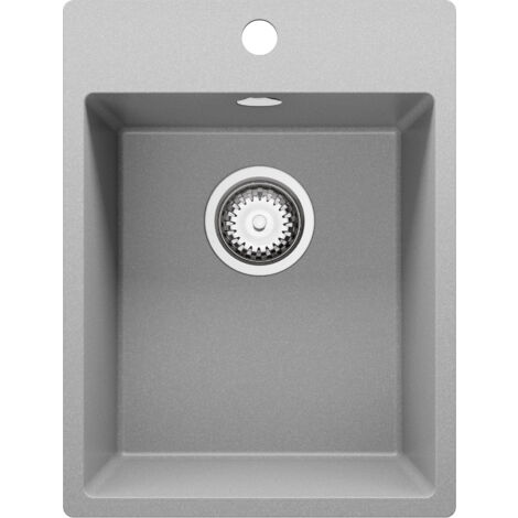 PRIMAGRAN Evier Cuisine en Granit 38x50cm, Lavabo 1 bac + Kit de Vidage, Évier à Encastrer au meuble 40cm - Riga, Gris
