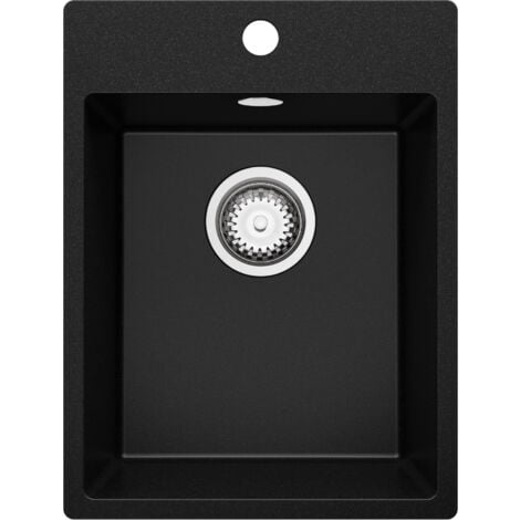 PRIMAGRAN Evier Cuisine en Granit 38x50cm, Lavabo 1 bac + Kit de Vidage, Évier à Encastrer au meuble 40cm - Riga, Noir