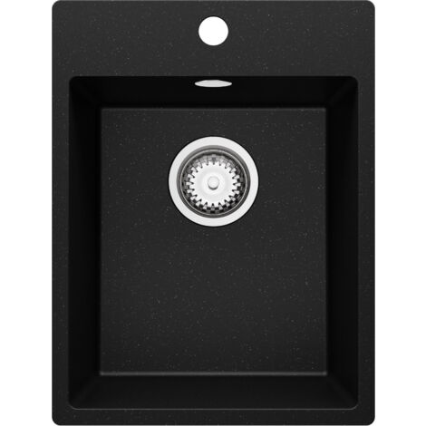 PRIMAGRAN Evier Cuisine en Granit 38x50cm, Lavabo 1 bac + Kit de Vidage, Évier à Encastrer au meuble 40cm - Riga, Noir Métallisé