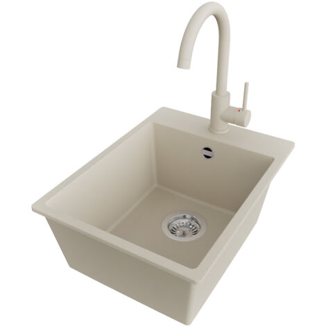 PRIMAGRAN Evier Cuisine en Granit 38x50cm,Lavabo 1 bac + Robinet 32x20cm + Kit de Vidage, Évier à Encastrer au meuble 40cm - Riga, Beige