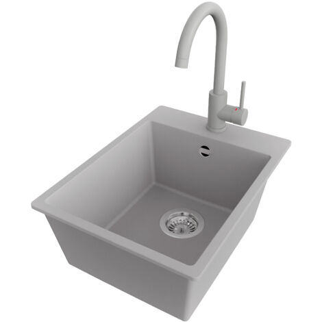 PRIMAGRAN Evier Cuisine en Granit 38x50cm,Lavabo 1 bac + Robinet 32x20cm + Kit de Vidage, Évier à Encastrer au meuble 40cm - Riga, Gris