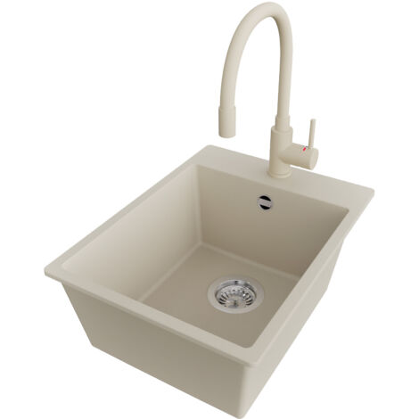 PRIMAGRAN Evier Cuisine en Granit 38x50cm,Lavabo 1 bac + Robinet 38x14cm + Kit de Vidage, Évier à Encastrer au meuble 40cm - Riga, Beige