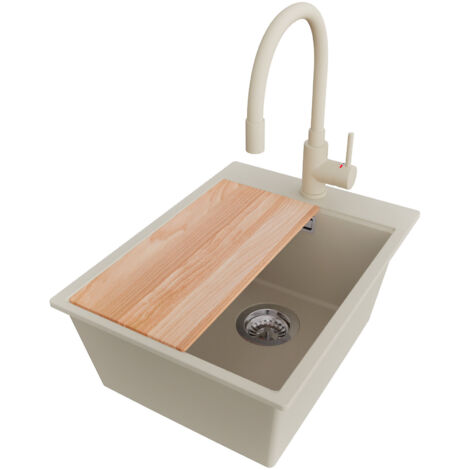 PRIMAGRAN Evier Cuisine en Granit 38x50cm,Lavabo 1 bac + Robinet 38x14cm + Kit de Vidage + Planche à Découper, Évier à Encastrer au meuble 40cm - Oslo, Beige