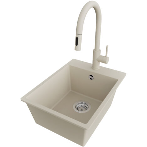 PRIMAGRAN Evier Cuisine en Granit 38x50cm,Lavabo 1 bac + Robinet 40x20cm + Kit de Vidage, Évier à Encastrer au meuble 40cm - Riga, Beige