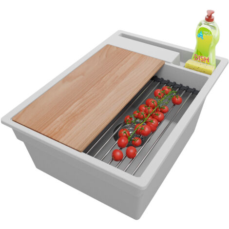 PRIMAGRAN Evier Cuisine en Granit 38x53cm, Lavabo 1 bac + Kit de Vidage + Accessoires, Évier à Encastrer au meuble 40cm - Oslo Pocket, Gris
