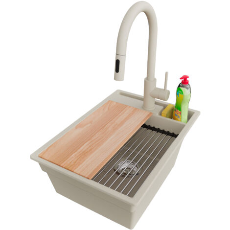 PRIMAGRAN Evier Cuisine en Granit 38x53cm,Lavabo 1 bac + Robinet 40x20cm + Kit de Vidage + Accessoires, Évier à Encastrer au meuble 40cm - Oslo Pocket, Beige