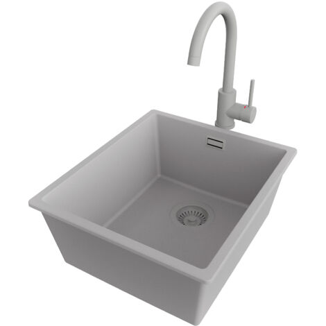 PRIMAGRAN Evier Cuisine en Granit 41x47cm,Lavabo 1 bac + Robinet 32x20cm + Kit de Vidage, Évier à Encastrer au meuble 45cm - London Slim, Gris