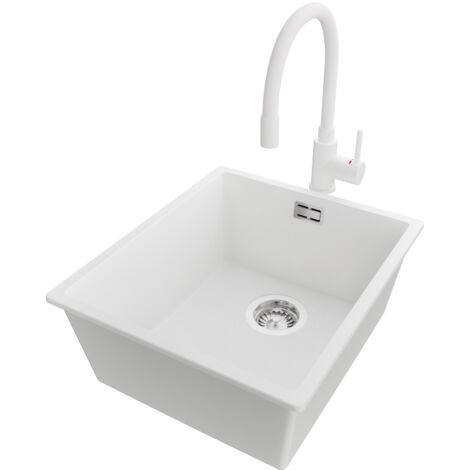 PRIMAGRAN Evier Cuisine en Granit 41x47cm,Lavabo 1 bac + Robinet 38x14cm + Kit de Vidage, Évier à Encastrer au meuble 45cm - London Slim, Blanc