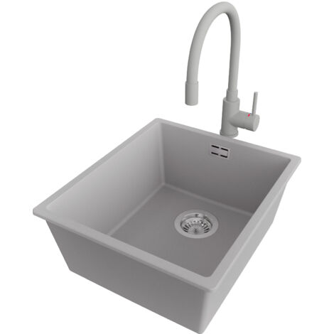 PRIMAGRAN Evier Cuisine en Granit 41x47cm,Lavabo 1 bac + Robinet 38x14cm + Kit de Vidage, Évier à Encastrer au meuble 45cm - London Slim, Gris