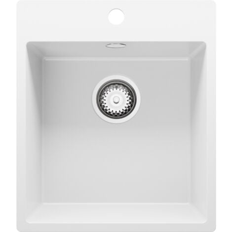 PRIMAGRAN Evier Cuisine en Granit 43x50cm, Lavabo 1 bac + Kit de Vidage, Évier à Encastrer au meuble 45cm - Riga, Blanc
