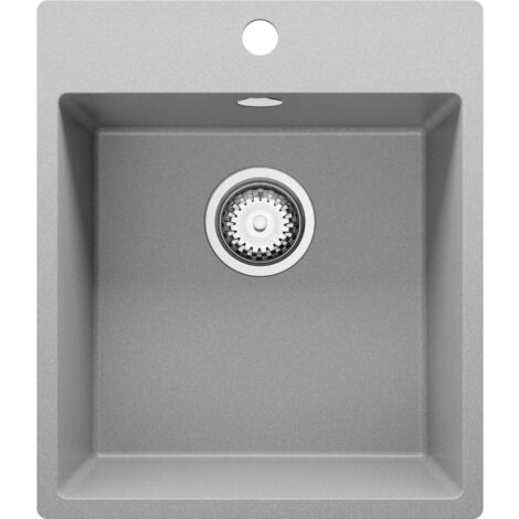 PRIMAGRAN Evier Cuisine en Granit 43x50cm, Lavabo 1 bac + Kit de Vidage, Évier à Encastrer au meuble 45cm - Riga, Gris