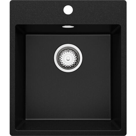 PRIMAGRAN Evier Cuisine en Granit 43x50cm, Lavabo 1 bac + Kit de Vidage, Évier à Encastrer au meuble 45cm - Riga, Noir