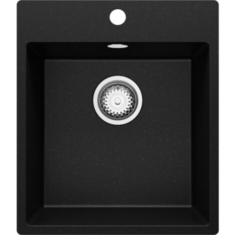 PRIMAGRAN Evier Cuisine en Granit 43x50cm, Lavabo 1 bac + Kit de Vidage, Évier à Encastrer au meuble 45cm - Riga, Noir Métallisé