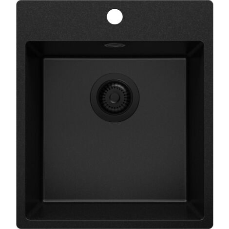 PRIMAGRAN Evier Cuisine en Granit 43x50cm, Lavabo 1 bac + Kit de Vidage, Évier à Encastrer au meuble 45cm - Riga, Tout Noir
