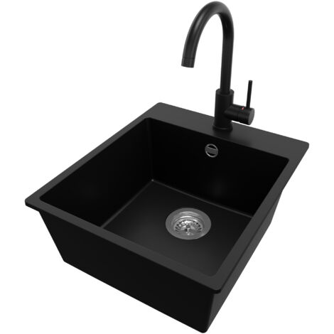 PRIMAGRAN Evier Cuisine en Granit 43x50cm, Lavabo 1 bac + Robinet 32x20cm + Kit de Vidage, Évier à Encastrer au meuble 45cm - Riga, Noir