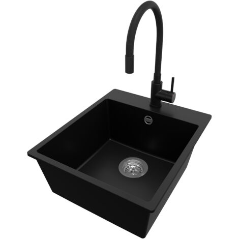 PRIMAGRAN Evier Cuisine en Granit 43x50cm, Lavabo 1 bac + Robinet 40x38cm + Kit de Vidage, Évier à Encastrer au meuble 45cm - Riga, Noir