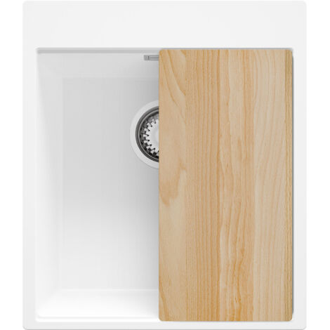 PRIMAGRAN Evier Cuisine en Granit 43x50cm,Lavabo 1 bac + Kit de Vidage + Planche à Découper, Évier à Encastrer au meuble 45cm - Oslo, Blanc
