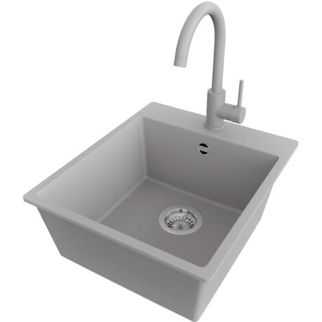 PRIMAGRAN Evier Cuisine en Granit 43x50cm,Lavabo 1 bac + Robinet 32x20cm + Kit de Vidage, Évier à Encastrer au meuble 45cm - Riga, Gris