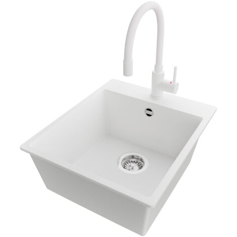 PRIMAGRAN Evier Cuisine en Granit 43x50cm,Lavabo 1 bac + Robinet 38x14cm + Kit de Vidage, Évier à Encastrer au meuble 45cm - Riga, Blanc