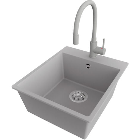 PRIMAGRAN Evier Cuisine en Granit 43x50cm,Lavabo 1 bac + Robinet 38x14cm + Kit de Vidage, Évier à Encastrer au meuble 45cm - Riga, Gris
