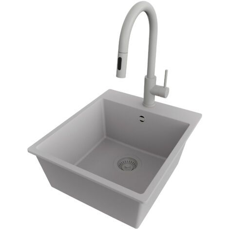 PRIMAGRAN Evier Cuisine en Granit 43x50cm,Lavabo 1 bac + Robinet 40x20cm + Kit de Vidage, Évier à Encastrer au meuble 45cm - Riga, Gris