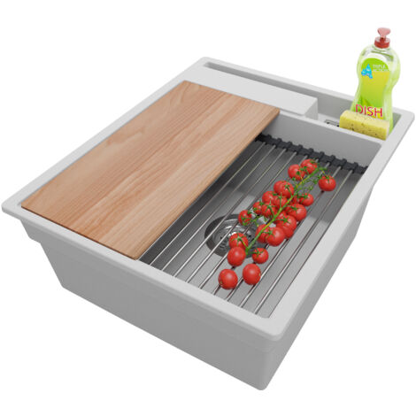 PRIMAGRAN Evier Cuisine en Granit 43x53cm, Lavabo 1 bac + Kit de Vidage + Accessoires, Évier à Encastrer au meuble 45cm - Oslo Pocket, Gris