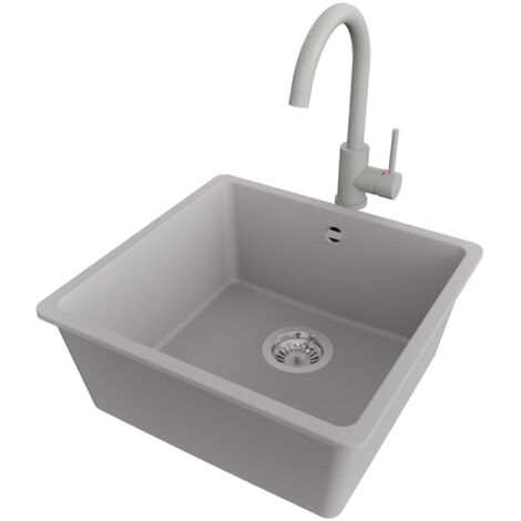 PRIMAGRAN Evier Cuisine en Granit 46x44cm,Lavabo 1 bac + Robinet 32x20cm + Kit de Vidage, Évier à Encastrer au meuble 50cm - Venise Slim Easy, Gris