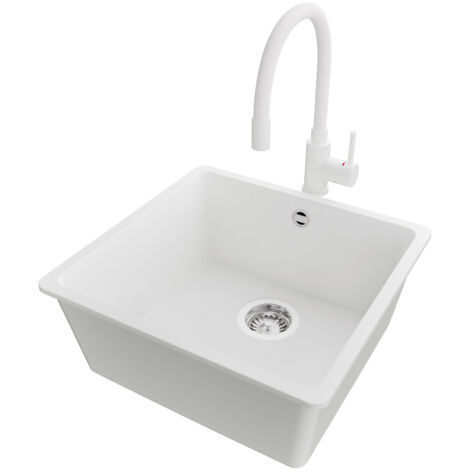 PRIMAGRAN Evier Cuisine en Granit 46x44cm,Lavabo 1 bac + Robinet 38x14cm + Kit de Vidage, Évier à Encastrer au meuble 50cm - Venise Slim Easy, Blanc