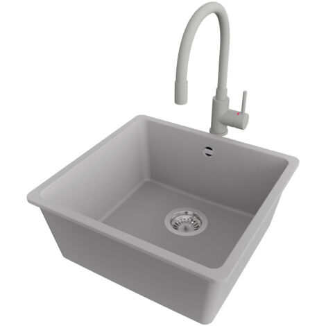 PRIMAGRAN Evier Cuisine en Granit 46x44cm,Lavabo 1 bac + Robinet 38x14cm + Kit de Vidage, Évier à Encastrer au meuble 50cm - Venise Slim Easy, Gris