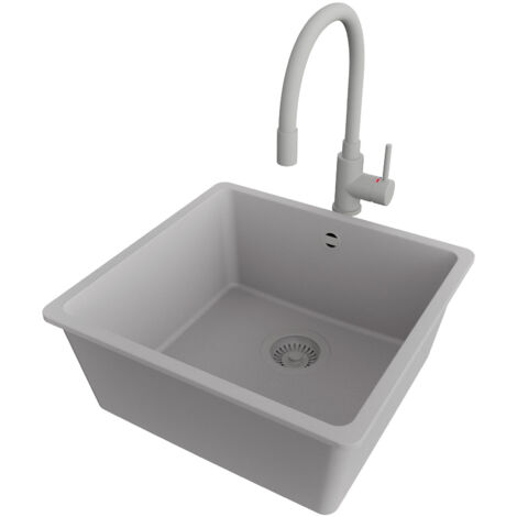 PRIMAGRAN Evier Cuisine en Granit 46x44cm,Lavabo 1 bac + Robinet 38x14cm + Kit de Vidage, Évier à Encastrer au meuble 50cm - Venise Slim Easy, Gris