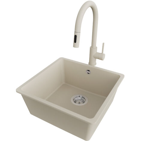 PRIMAGRAN Evier Cuisine en Granit 46x44cm,Lavabo 1 bac + Robinet 40x20cm + Kit de Vidage, Évier à Encastrer au meuble 50cm - Venise Slim Easy, Beige