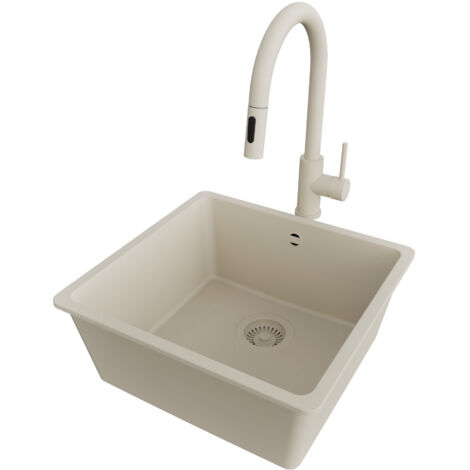 PRIMAGRAN Evier Cuisine en Granit 46x44cm,Lavabo 1 bac + Robinet 40x20cm + Kit de Vidage, Évier à Encastrer au meuble 50cm - Venise Slim Easy, Beige