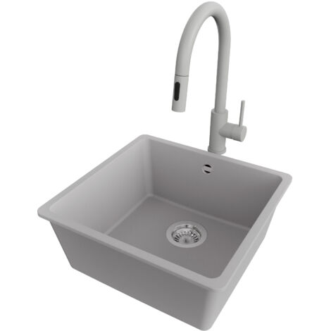 PRIMAGRAN Evier Cuisine en Granit 46x44cm,Lavabo 1 bac + Robinet 40x20cm + Kit de Vidage, Évier à Encastrer au meuble 50cm - Venise Slim Easy, Gris