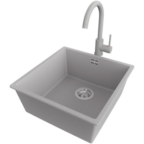 PRIMAGRAN Evier Cuisine en Granit 46x47cm,Lavabo 1 bac + Robinet 32x20cm + Kit de Vidage, Évier à Encastrer au meuble 50cm - London Slim, Gris