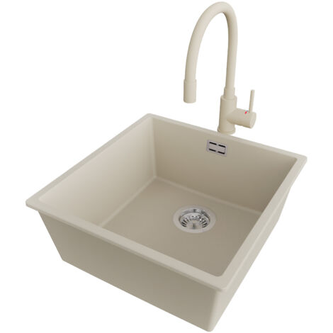 PRIMAGRAN Evier Cuisine en Granit 46x47cm,Lavabo 1 bac + Robinet 38x14cm + Kit de Vidage, Évier à Encastrer au meuble 50cm - London Slim, Beige