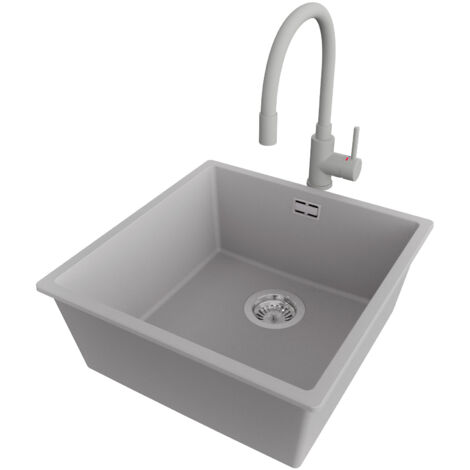 PRIMAGRAN Evier Cuisine en Granit 46x47cm,Lavabo 1 bac + Robinet 38x14cm + Kit de Vidage, Évier à Encastrer au meuble 50cm - London Slim, Gris