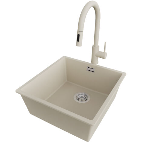 PRIMAGRAN Evier Cuisine en Granit 46x47cm,Lavabo 1 bac + Robinet 40x20cm + Kit de Vidage, Évier à Encastrer au meuble 50cm - London Slim, Beige