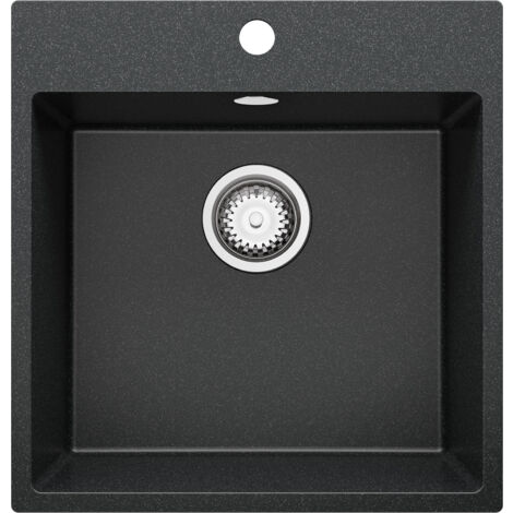 PRIMAGRAN Evier Cuisine en Granit 48x50cm, Lavabo 1 bac + Kit de Vidage, Évier à Encastrer au meuble 50cm - Riga, Graphite