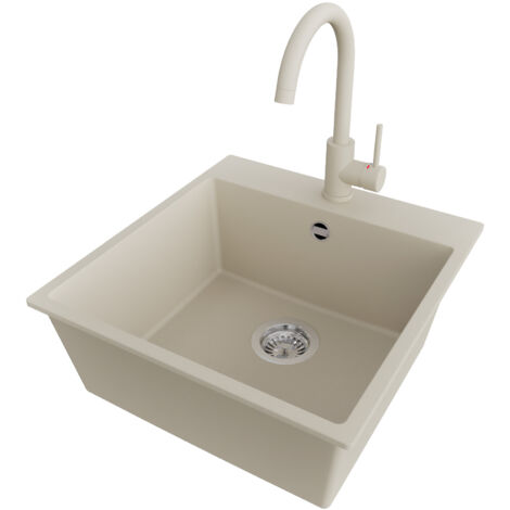 PRIMAGRAN Evier Cuisine en Granit 48x50cm,Lavabo 1 bac + Robinet 32x20cm + Kit de Vidage, Évier à Encastrer au meuble 50cm - Riga, Beige